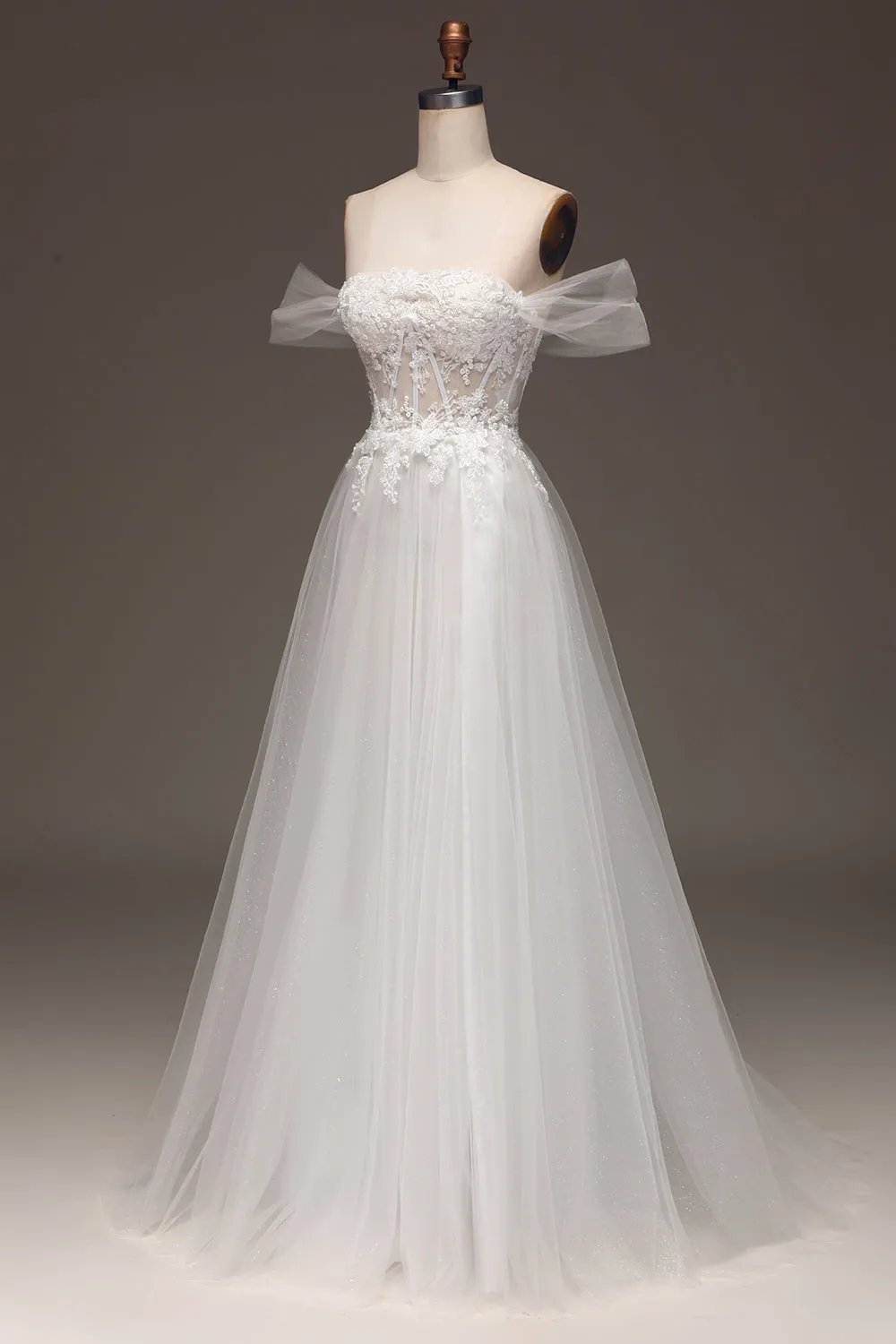 White Off the Shoulder A Line Corset Wedding Dress with Appliques sold by Zapaka product image thumbnail 3