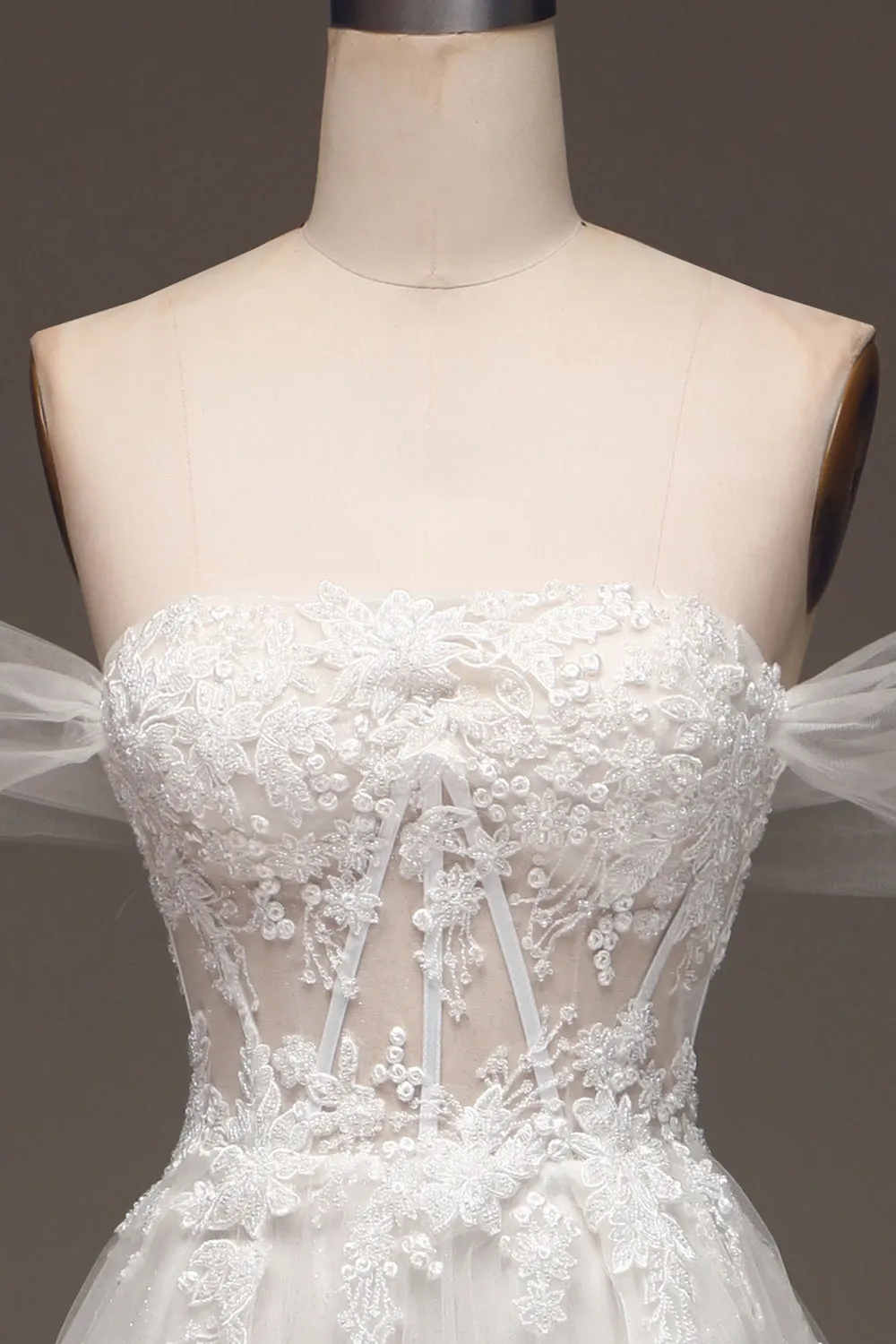 White Off the Shoulder A Line Corset Wedding Dress with Appliques sold by Zapaka product image thumbnail 4