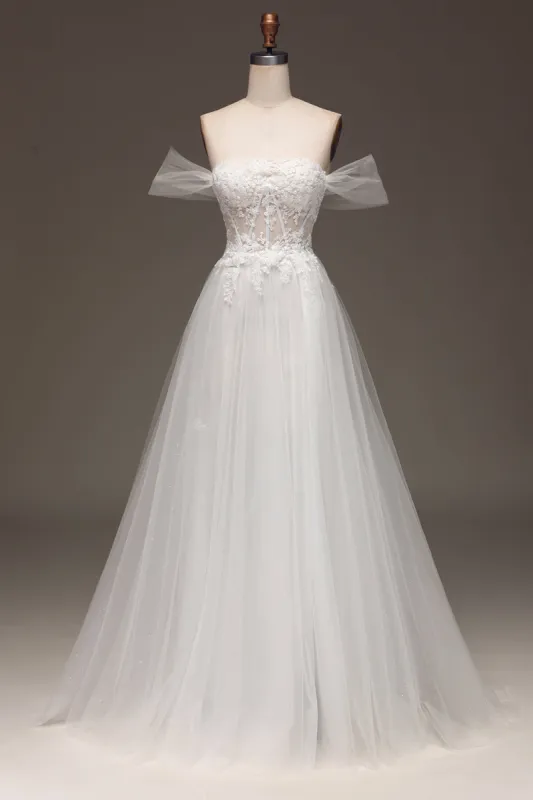White Off the Shoulder A Line Corset Wedding Dress with Appliques sold by Zapaka