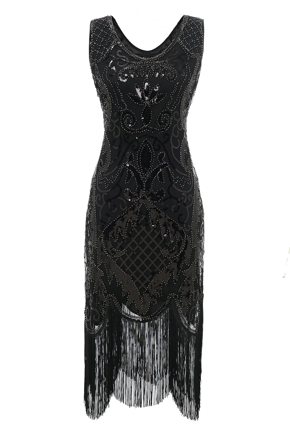 Black V-neck Fringe Sequins 1920s Dress sold by Zapaka