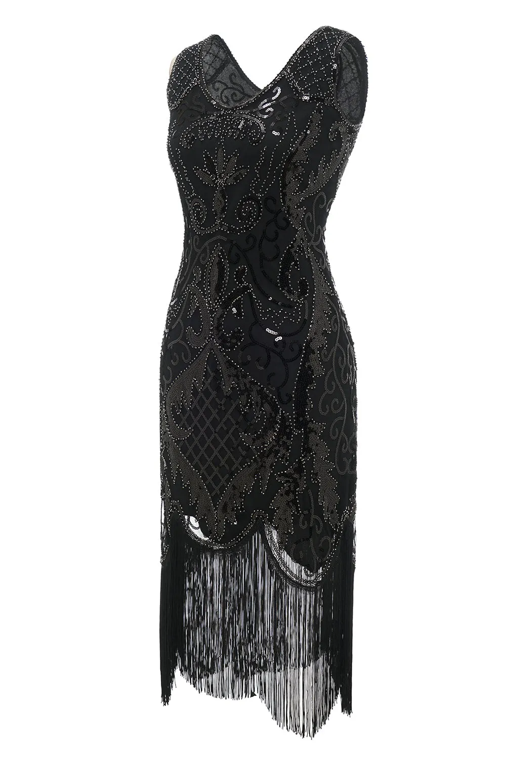 Black V-neck Fringe Sequins 1920s Dress sold by Zapaka product image thumbnail 3