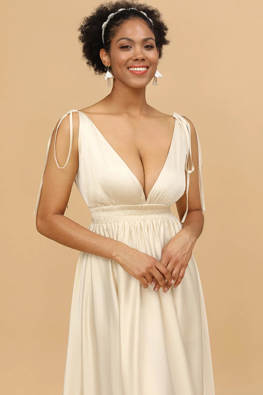 Ivory Deep V-Neck Backless Long Bridesmaid Dress sold by Zapaka product image thumbnail 3