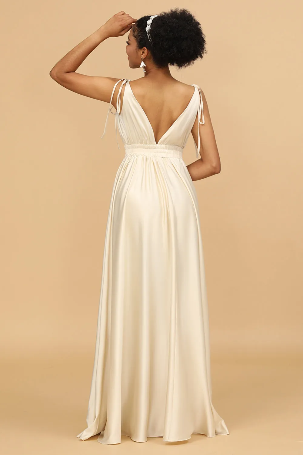 Ivory Deep V-Neck Backless Long Bridesmaid Dress sold by Zapaka product image thumbnail 2