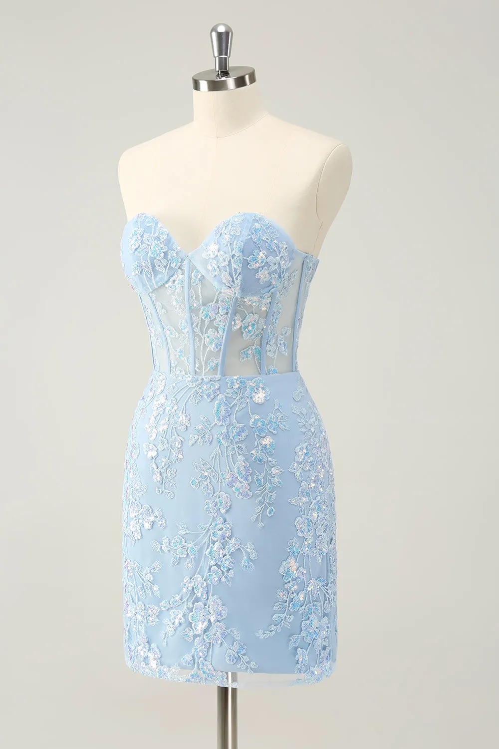Light Blue Corset Sequins Sweetheart Short Tight Homecoming Dress with Lace-up Back sold by Zapaka product image thumbnail 3