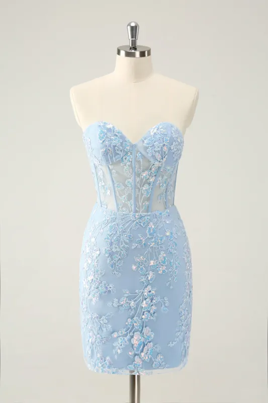 Light Blue Corset Sequins Sweetheart Short Tight Homecoming Dress with Lace-up Back sold by Zapaka
