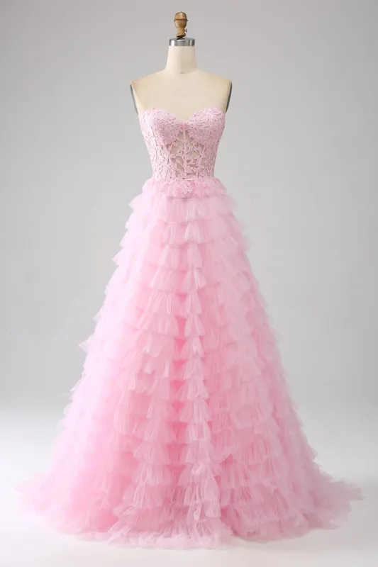 Pink A-Line Strapless Tiered Long Corset Prom Dress sold by Zapaka