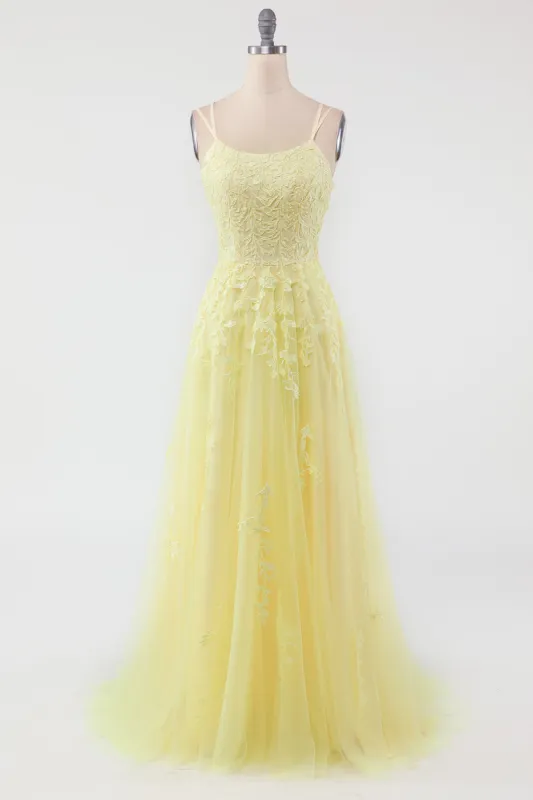 Yellow Spaghetti Straps Prom Dress sold by Zapaka