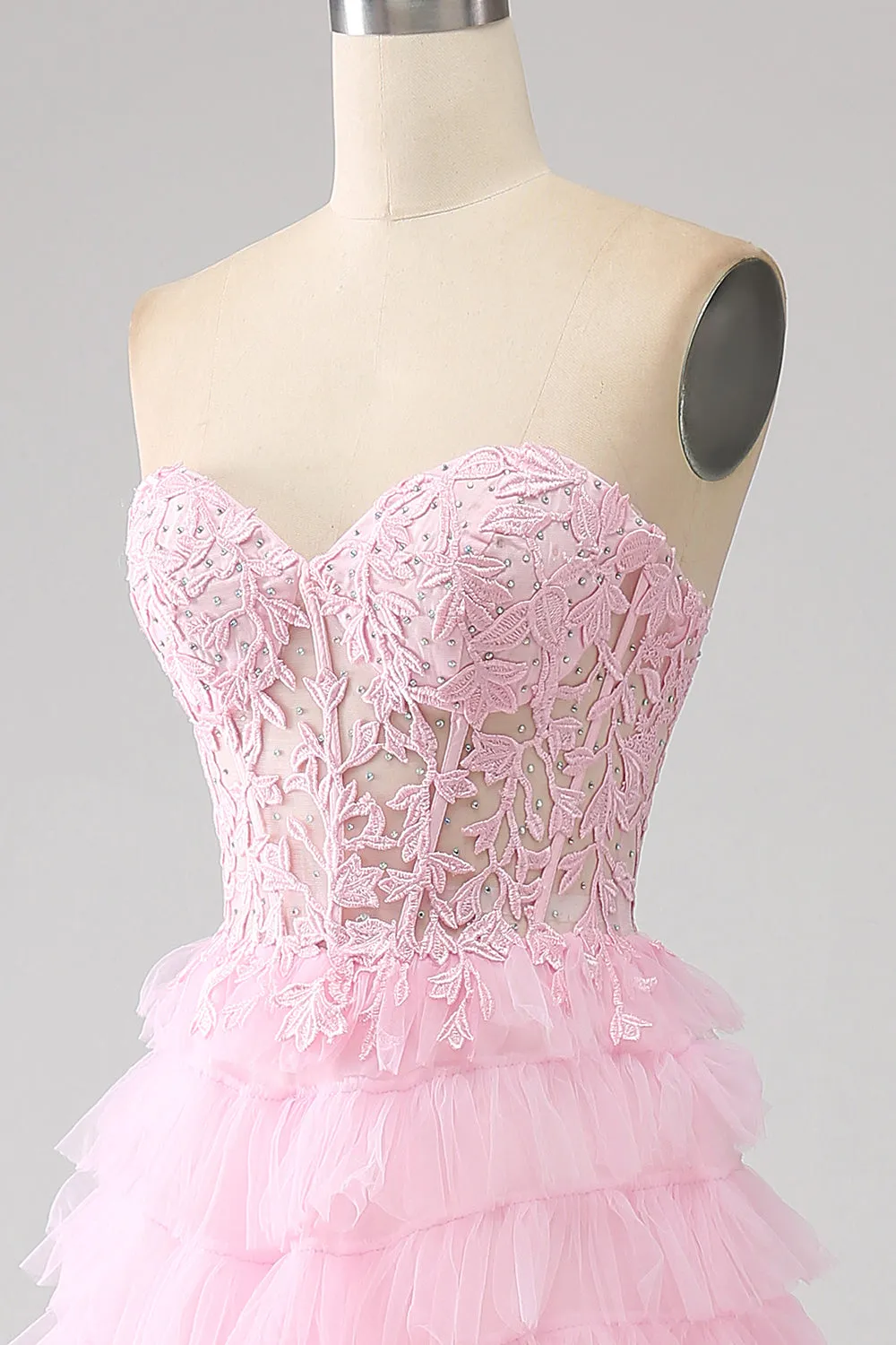 Pink A-Line Strapless Tiered Long Corset Prom Dress sold by Zapaka product image thumbnail 5