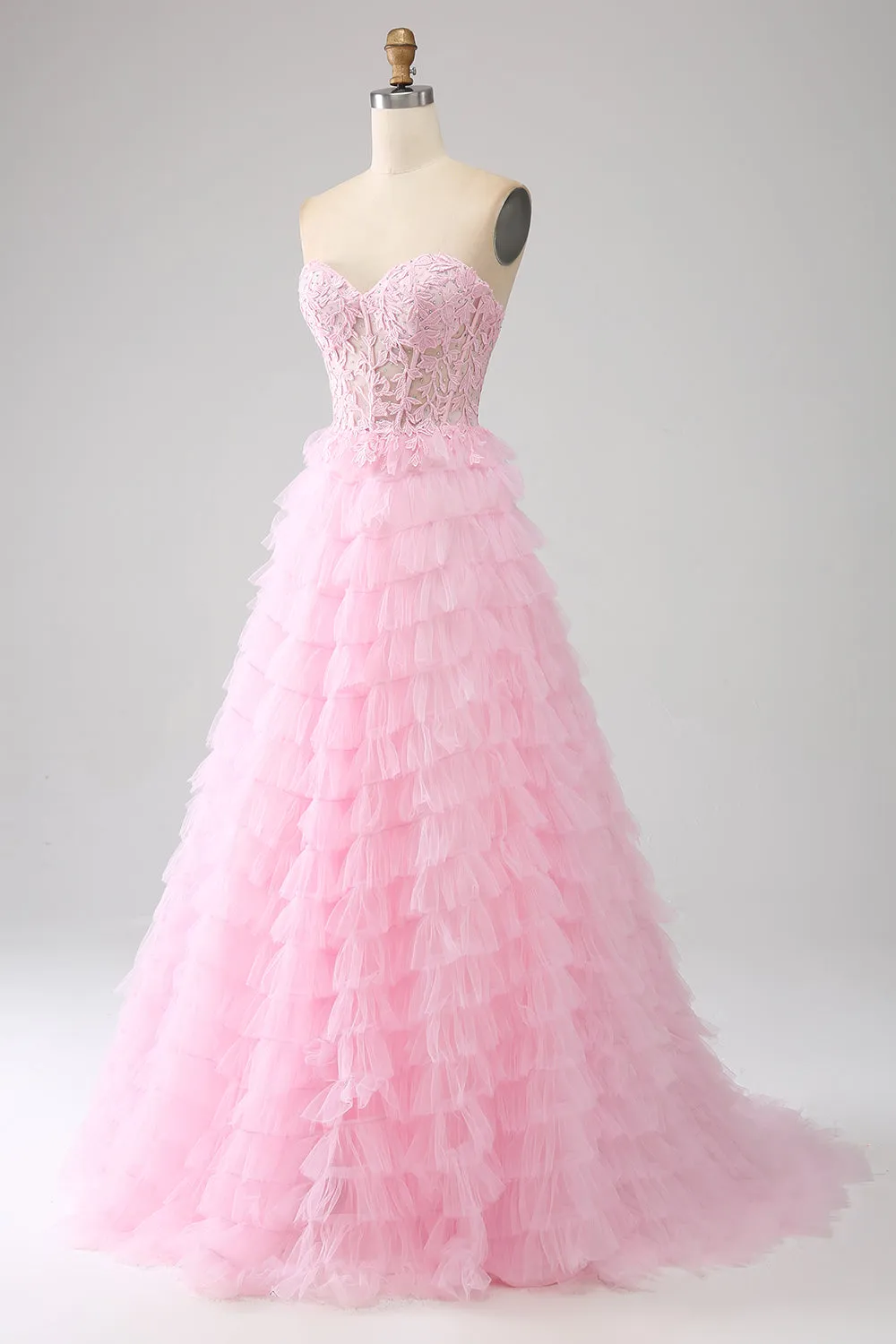 Pink A-Line Strapless Tiered Long Corset Prom Dress sold by Zapaka product image thumbnail 3