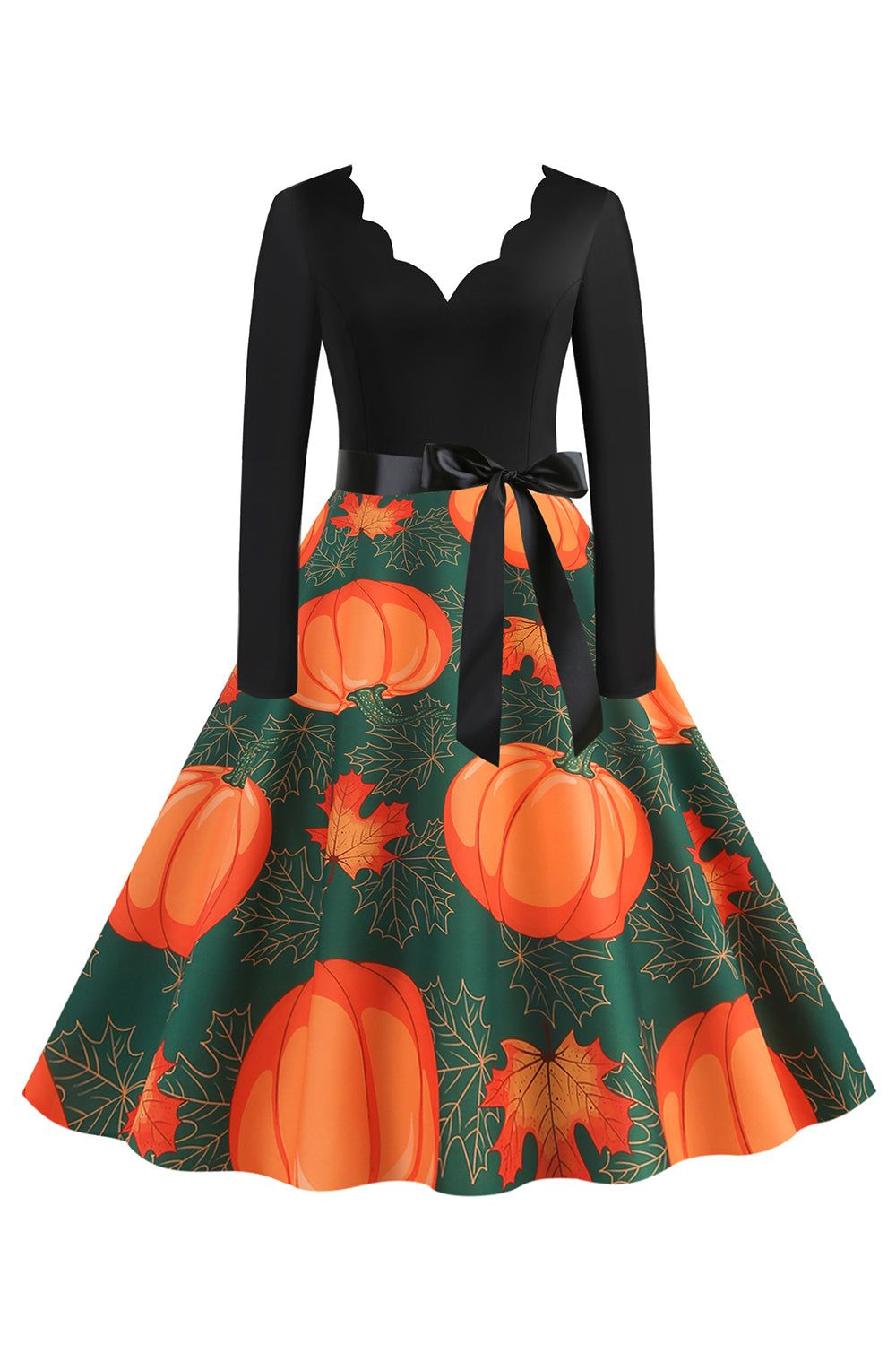 Wavy V-Neck Long Sleeve Print Halloween Retro Dress sold by Zapaka