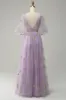 A-Line V-Neck Embroidery Lavender Long Prom Dress with Short Sleeves sold by Zapaka