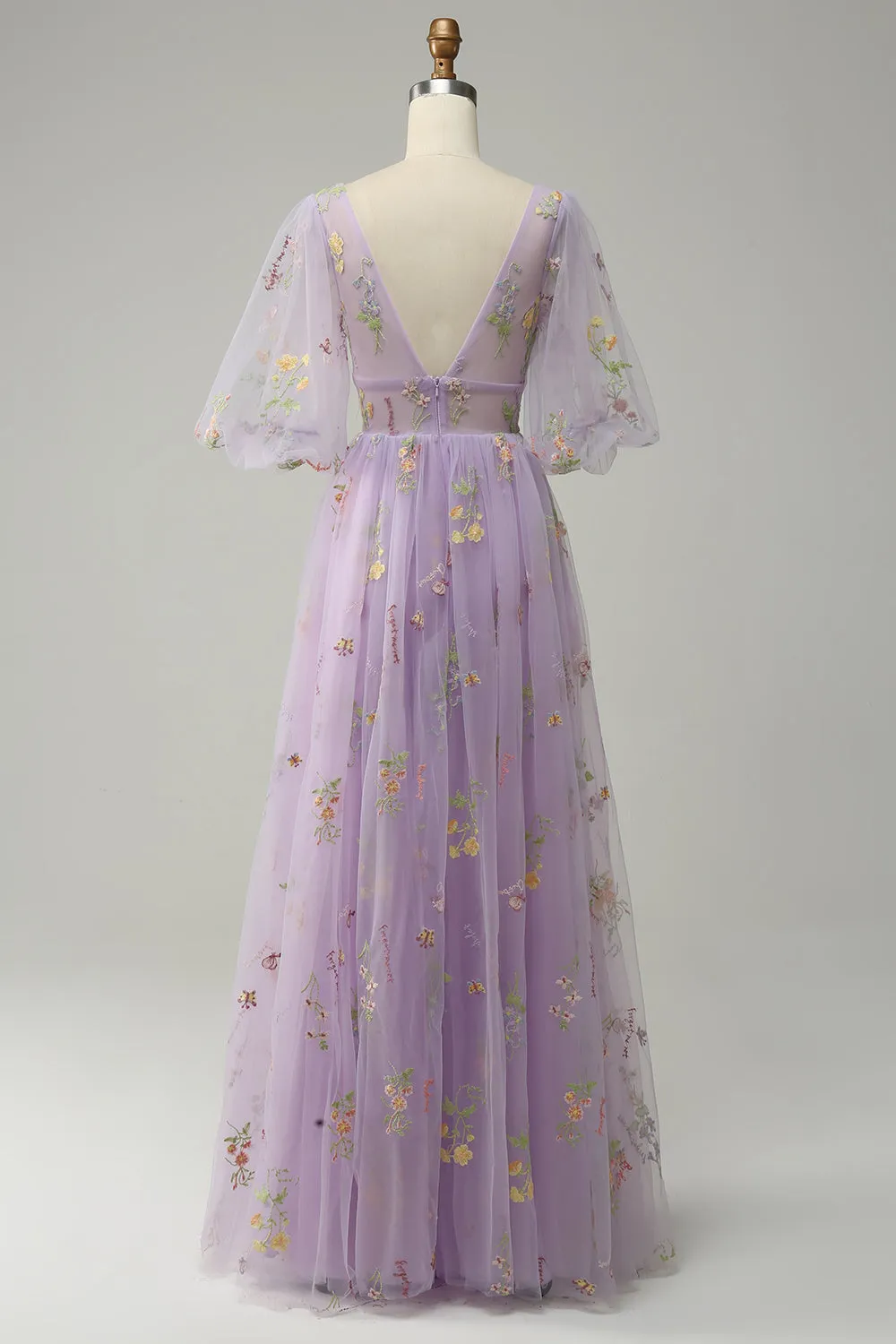 A-Line V-Neck Embroidery Lavender Long Prom Dress with Short Sleeves sold by Zapaka product image thumbnail 2