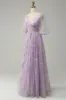 A-Line V-Neck Embroidery Lavender Long Prom Dress with Short Sleeves sold by Zapaka