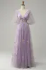 A-Line V-Neck Embroidery Lavender Long Prom Dress with Short Sleeves sold by Zapaka