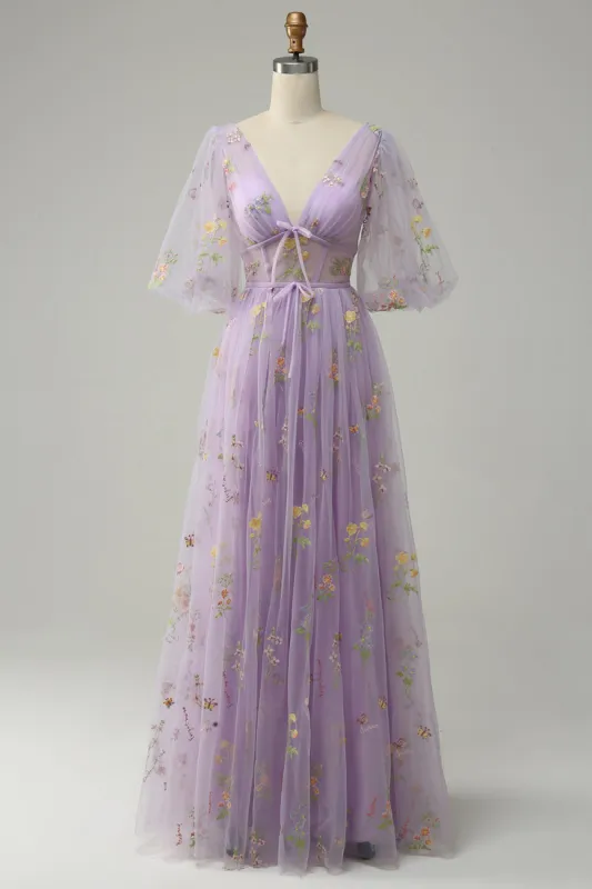 A-Line V-Neck Embroidery Lavender Long Prom Dress with Short Sleeves sold by Zapaka