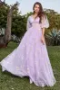 A-Line V-Neck Embroidery Lavender Long Prom Dress with Short Sleeves sold by Zapaka