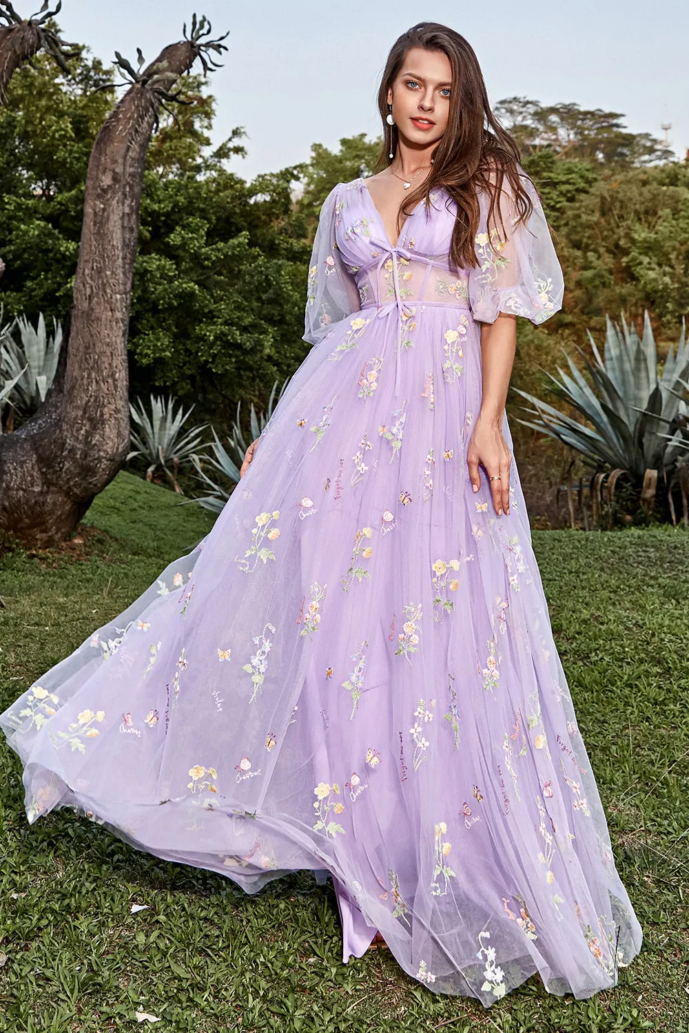 A-Line V-Neck Embroidery Lavender Long Prom Dress with Short Sleeves sold by Zapaka product image thumbnail 3