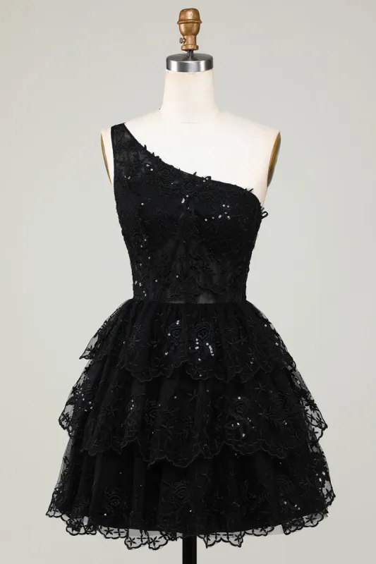 Gorgeous Black One Shoulder Homecoming Dress With Appliques sold by Zapaka