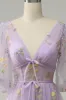 A-Line V-Neck Embroidery Lavender Long Prom Dress with Short Sleeves sold by Zapaka