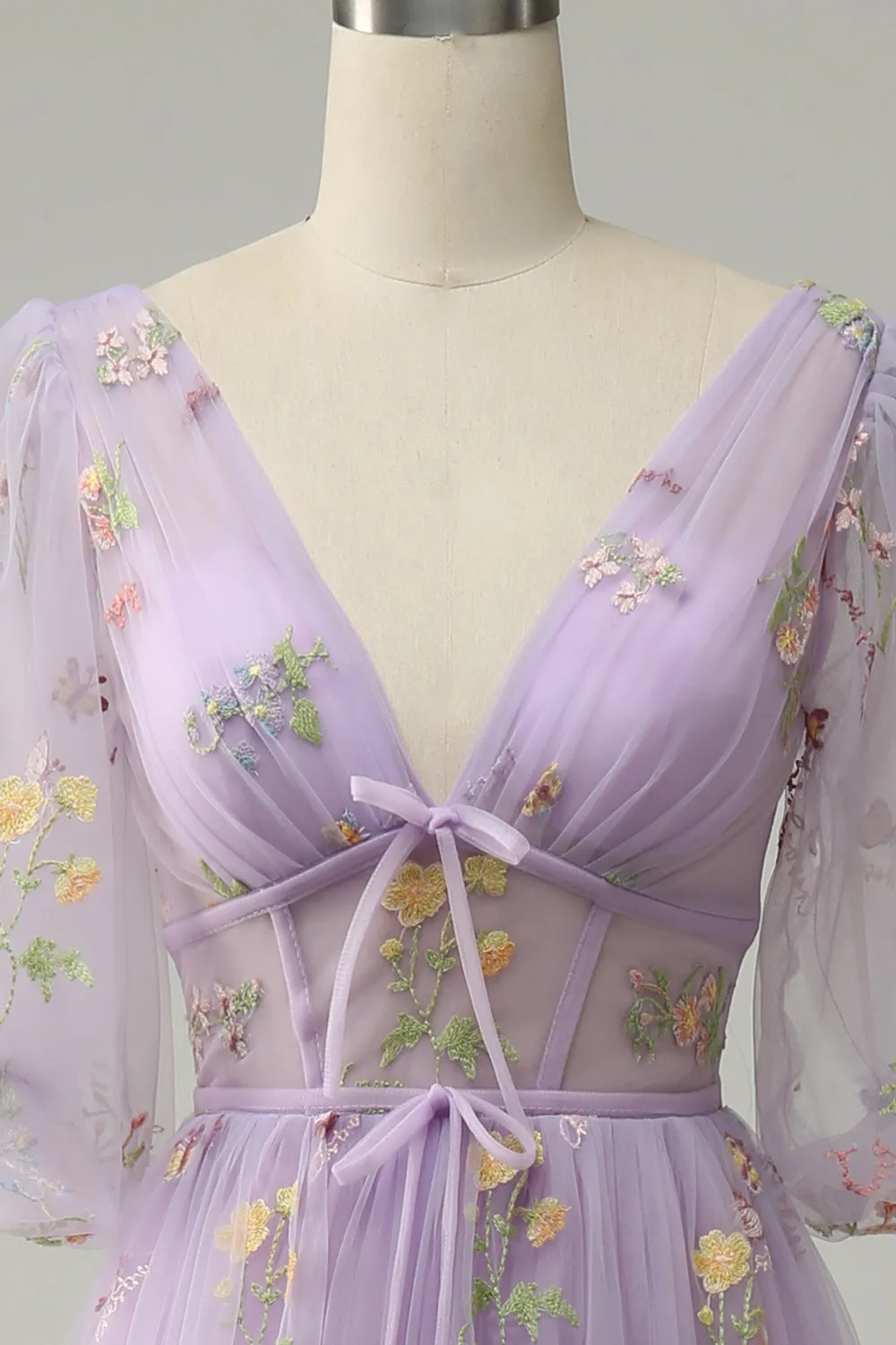 A-Line V-Neck Embroidery Lavender Long Prom Dress with Short Sleeves sold by Zapaka product image thumbnail 5