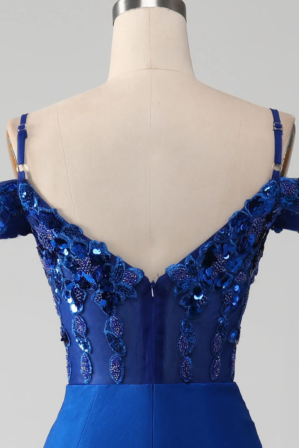 Sparkly Royal Blue Mermaid Beaded Sheer Corset Sequins Long Prom Dress with Slit sold by Zapaka product image thumbnail 5