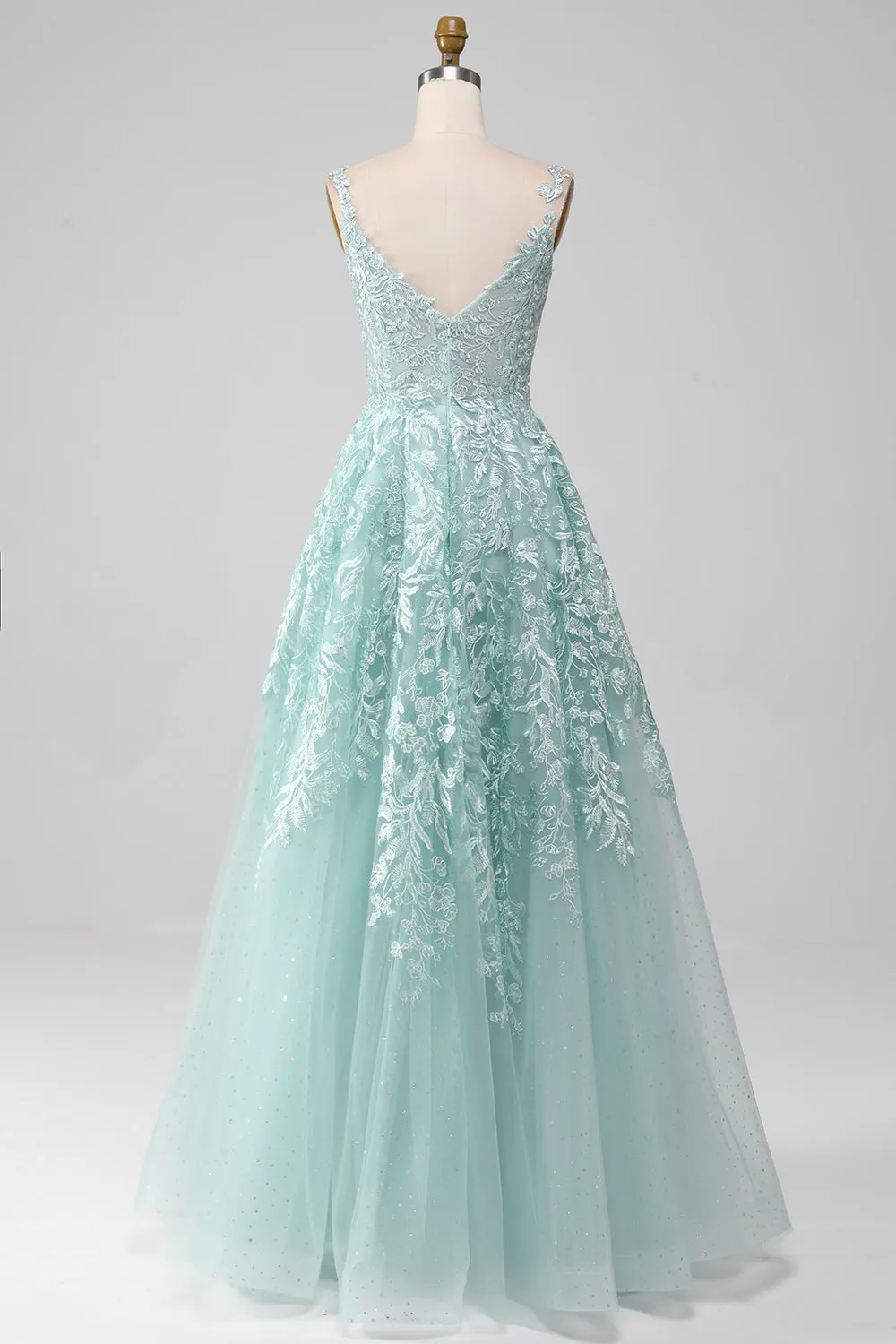 Glitter Mint A-Line Tulle Long Prom Dress with Lace sold by Zapaka product image thumbnail 2