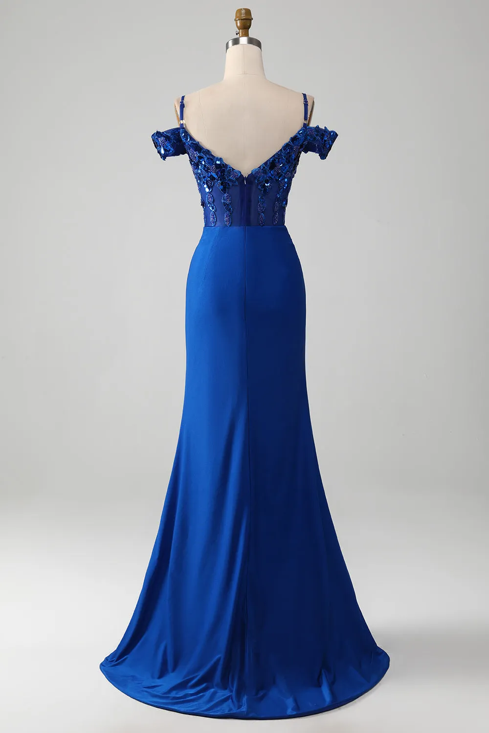 Sparkly Royal Blue Mermaid Beaded Sheer Corset Sequins Long Prom Dress with Slit sold by Zapaka product image thumbnail 2