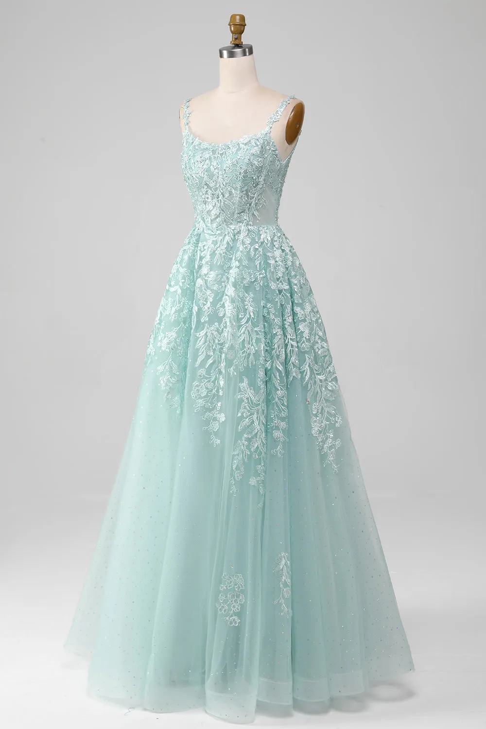 Glitter Mint A-Line Tulle Long Prom Dress with Lace sold by Zapaka product image thumbnail 3