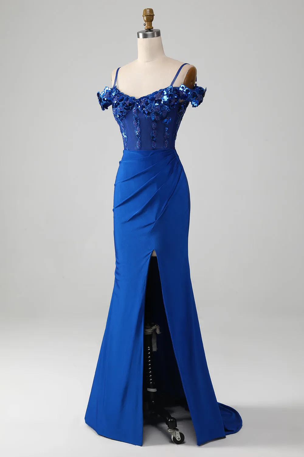 Sparkly Royal Blue Mermaid Beaded Sheer Corset Sequins Long Prom Dress with Slit sold by Zapaka product image thumbnail 3