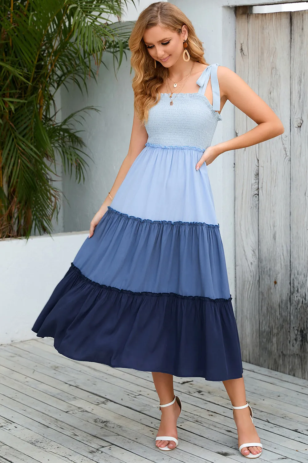 Blue A Line Midi Summer Dress with Pleated sold by Zapaka