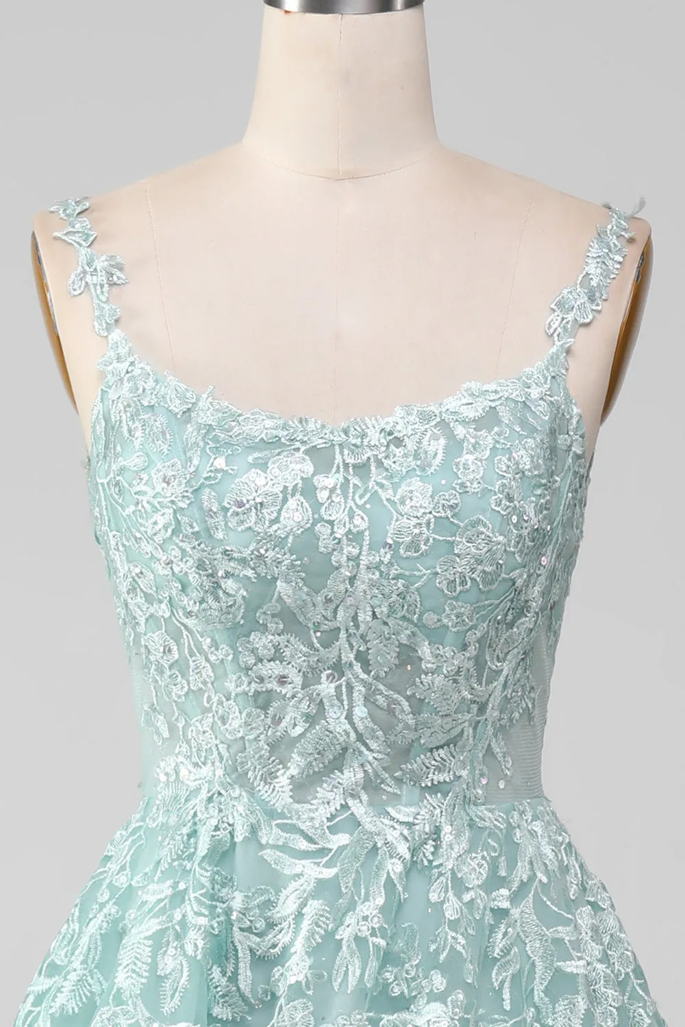 Glitter Mint A-Line Tulle Long Prom Dress with Lace sold by Zapaka product image thumbnail 4