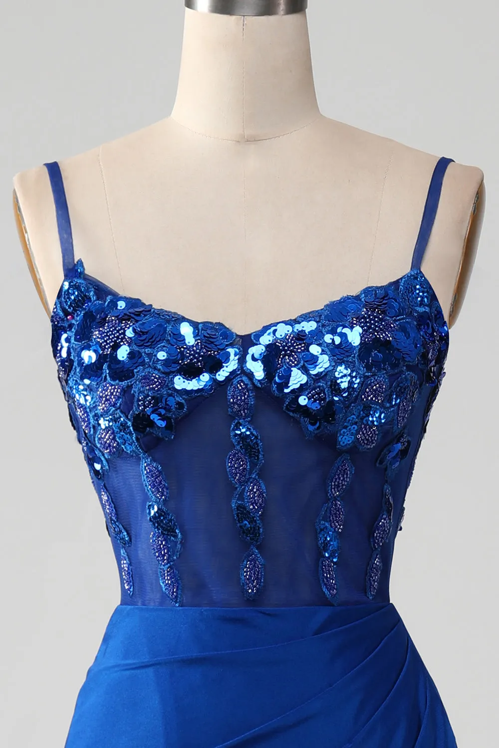 Sparkly Royal Blue Mermaid Beaded Sheer Corset Sequins Long Prom Dress with Slit sold by Zapaka product image thumbnail 4