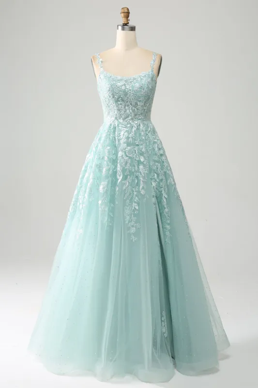 Glitter Mint A-Line Tulle Long Prom Dress with Lace made by Zapaka