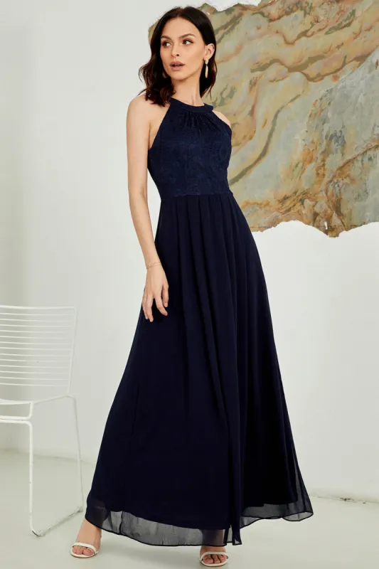 Navy Halter Long Lace Dress sold by Zapaka