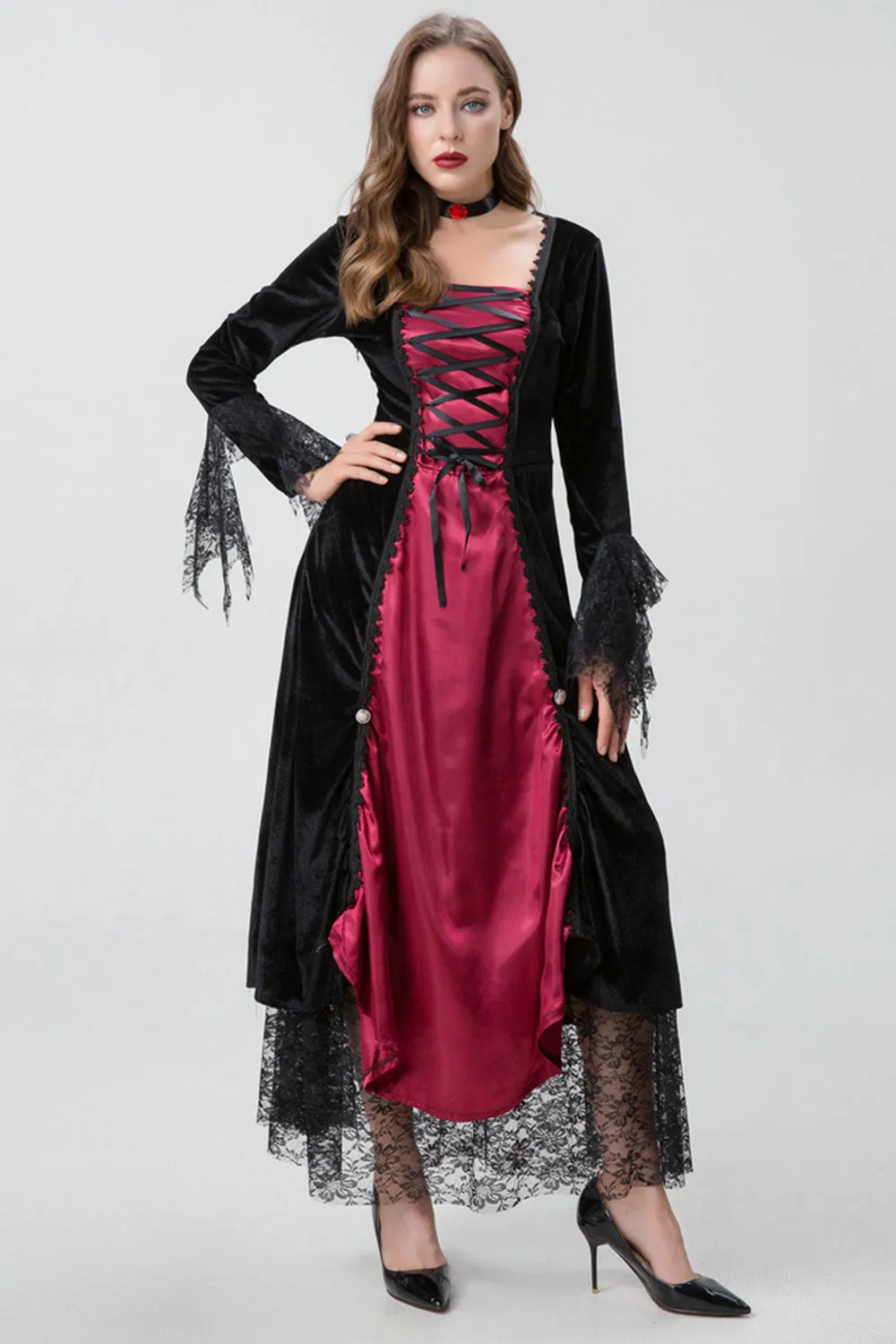 Gothic Burgundy Halloween Dress with Criss Cross Lace sold by Zapaka product image thumbnail 4