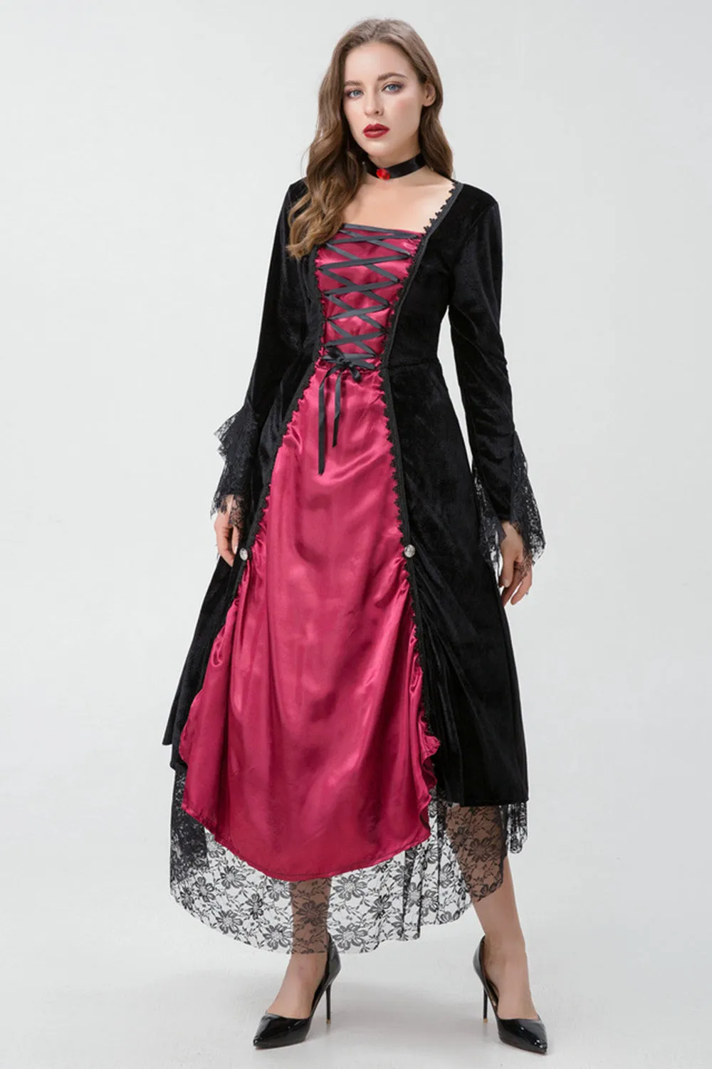 Gothic Burgundy Halloween Dress with Criss Cross Lace sold by Zapaka