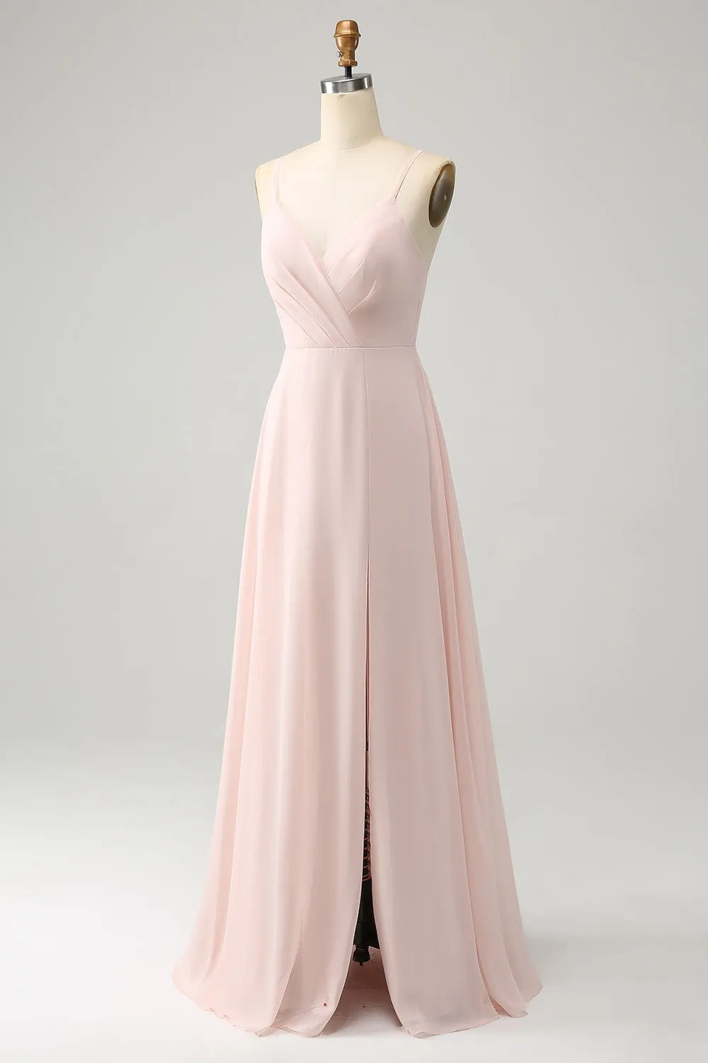 Pink A Line V Neck Chiffon Long Bridesmaid Dress with Slit sold by Zapaka product image thumbnail 3