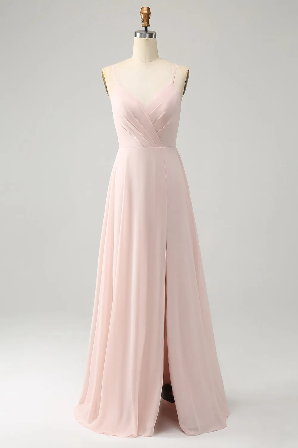 Pink A Line V Neck Chiffon Long Bridesmaid Dress with Slit sold by Zapaka