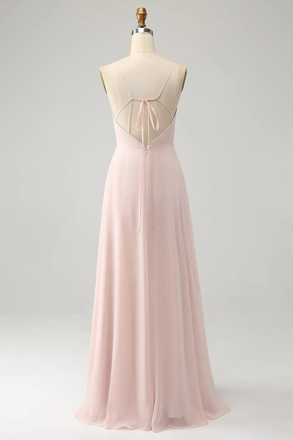 Pink A Line V Neck Chiffon Long Bridesmaid Dress with Slit sold by Zapaka product image thumbnail 2