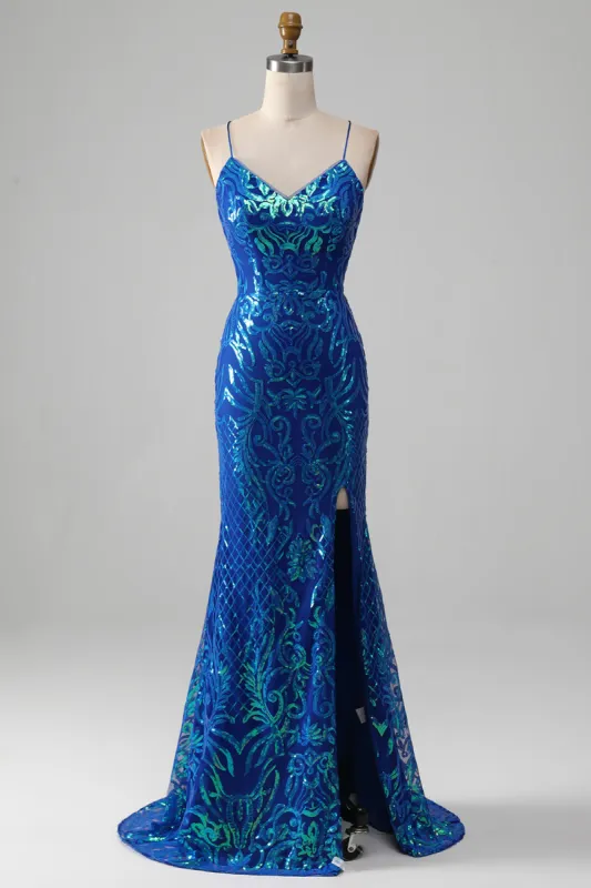 Royal Blue Mermaid Sparkly Prom Dress with Slit sold by Zapaka