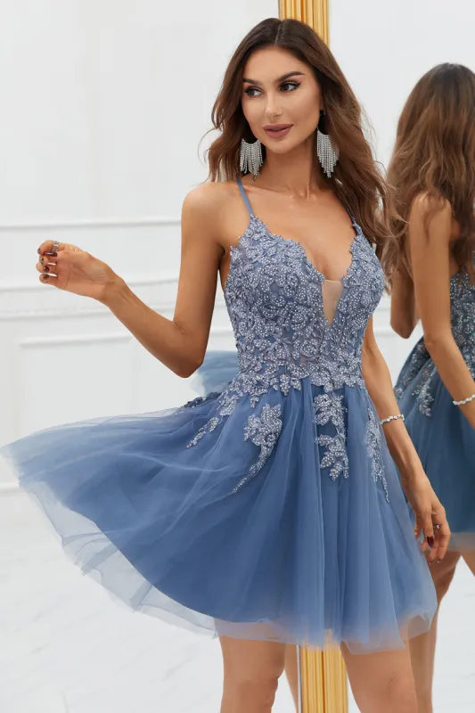 A Line Spaghetti Straps Grey Blue Short Homecoming Dress with Appliques sold by Zapaka