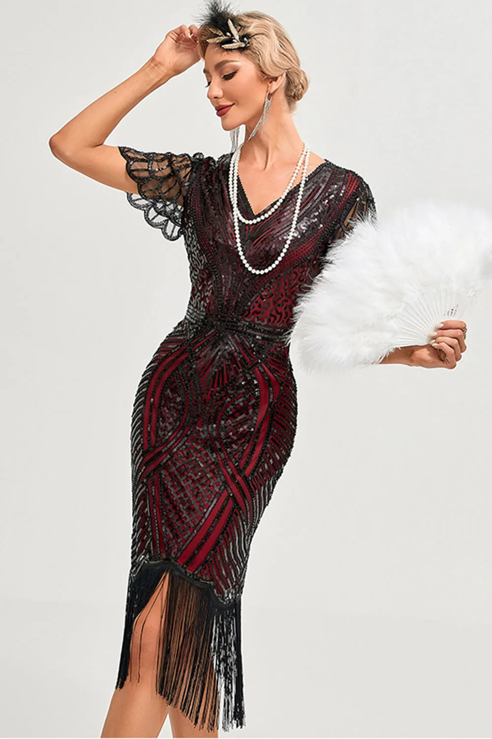 Sparkly Fringes Burgundy 1920s Dress with Accessories Set sold by Zapaka product image thumbnail 4
