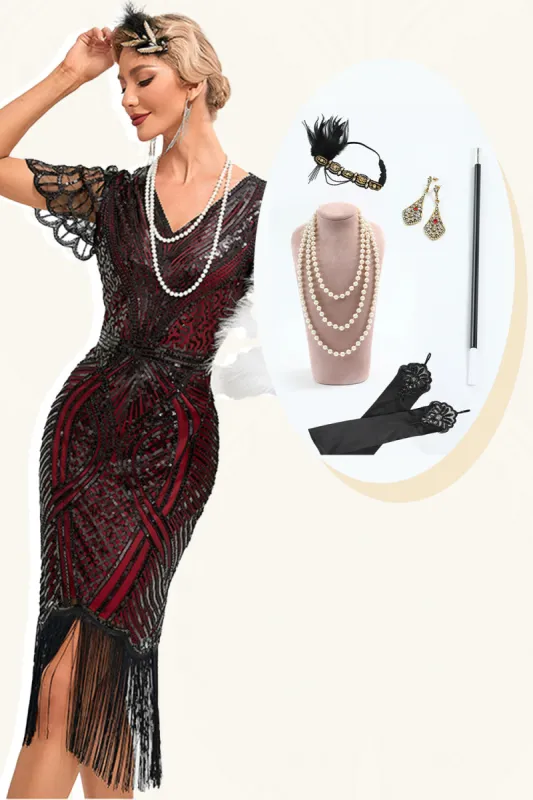 Sparkly Fringes Burgundy 1920s Dress with Accessories Set sold by Zapaka