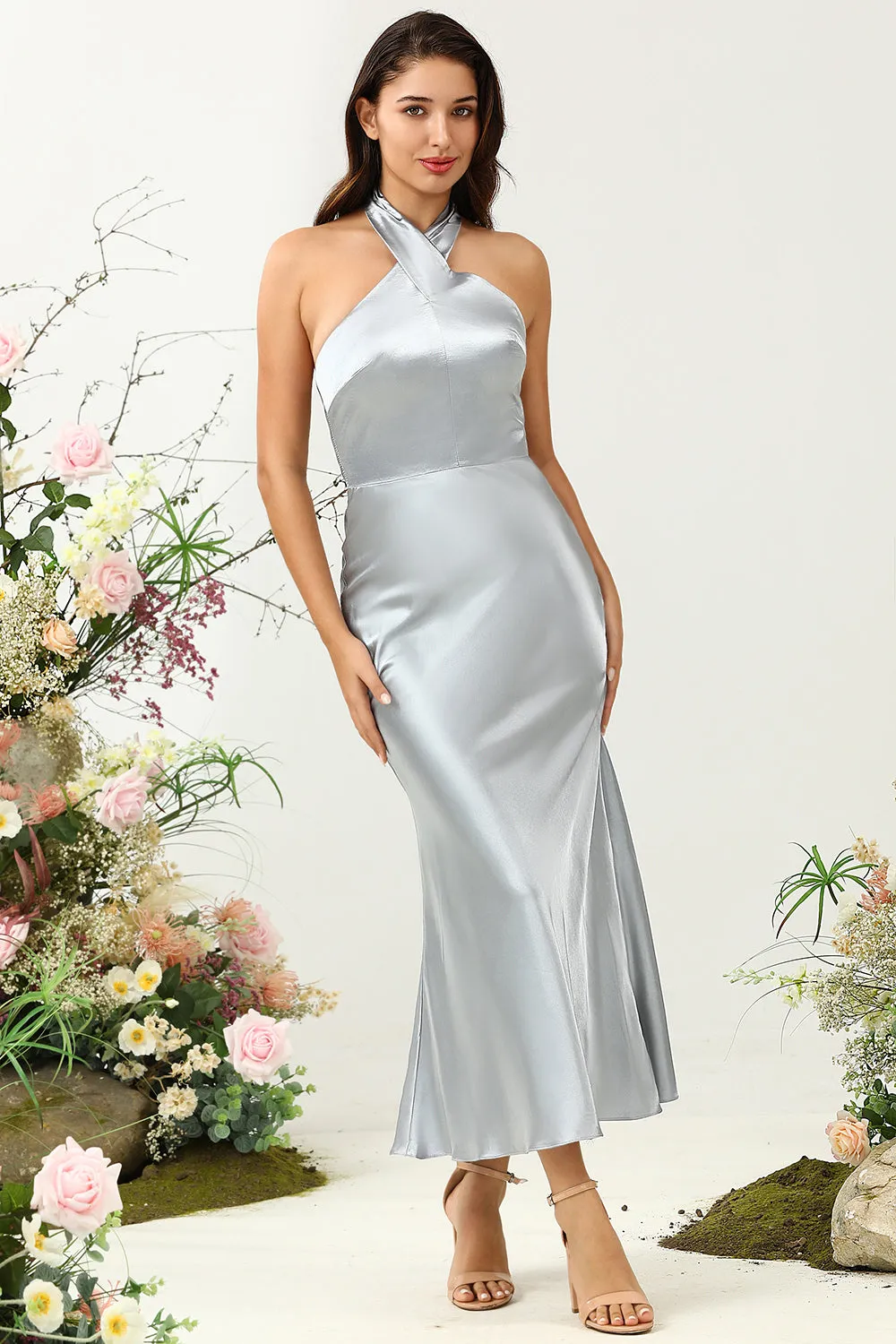 Sheath Halter Neck Silver Long Bridesmaid Dress sold by Zapaka product image thumbnail 3