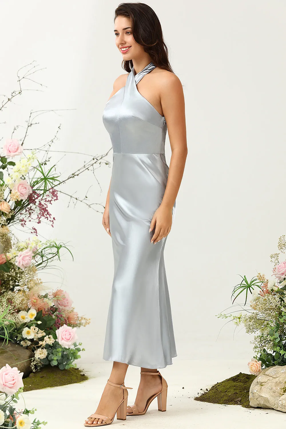 Sheath Halter Neck Silver Long Bridesmaid Dress sold by Zapaka product image thumbnail 4