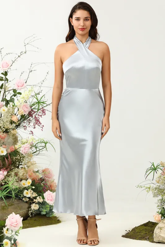 Sheath Halter Neck Silver Long Bridesmaid Dress sold by Zapaka