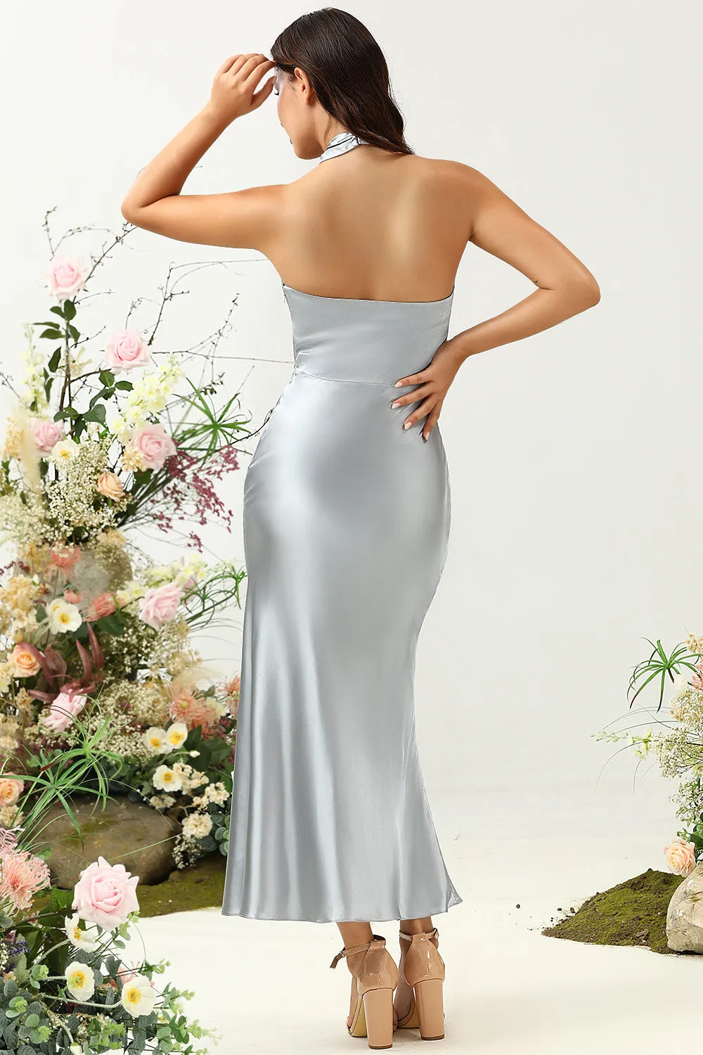 Sheath Halter Neck Silver Long Bridesmaid Dress sold by Zapaka product image thumbnail 2