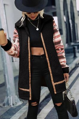 Black Fleece Stitching Zip Up Midi Coat With Pockets sold by Zapaka