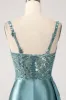 Blue Mermaid V-Neck Satin Long Appliques Sequin Prom Dress With Slit sold by Zapaka