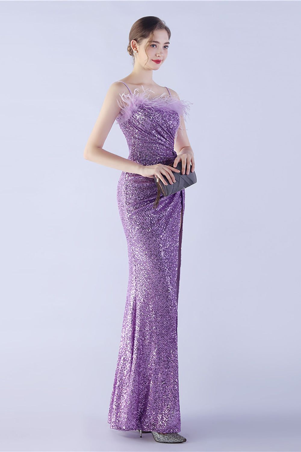 Lilac Spaghetti Straps Sheath Sequin Formal Dress With Feather sold by Zapaka product image thumbnail 3